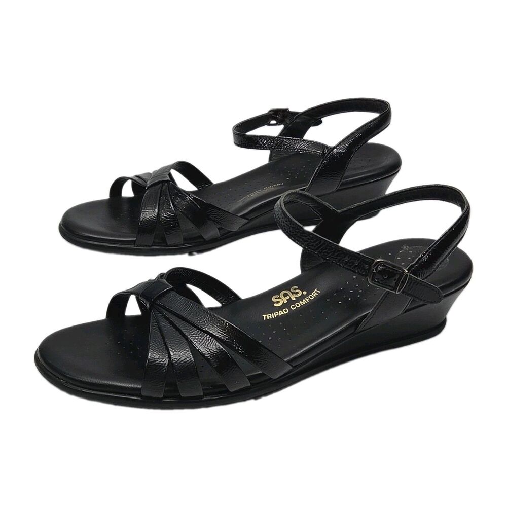 SAS Sandal Shoe Black Patent Leather Ankle Strap 1.75" Wedge Heel Women Sz 12